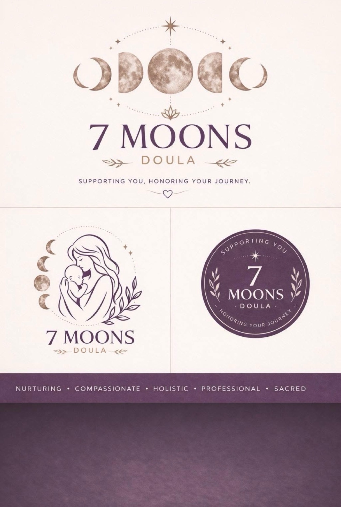 7 Moons Doula brand board — moon phases, mother and child, and the 7 Moons Doula seal